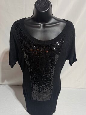 DEB Vintage Y2K Black Sequin Knit Tunic Short Sleeve Top Blouse Shimmer Small